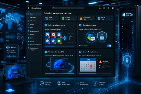 Microsoft Intune dashboard shows endpoint management status and policy/security controls in a server room.