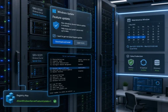 Futuristic server rack shows a Windows Update feature update prompt and maintenance calendar.