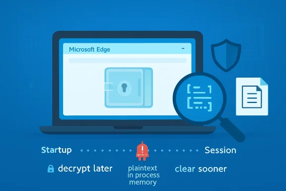 Illustration of Microsoft Edge security concept with decrypted-later session and plaintext memory text.