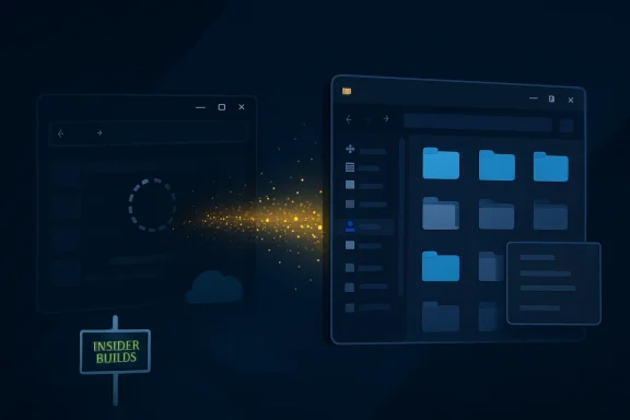 Futuristic dual-browser interface with loading sparks and a small “Insider Builds” sign.