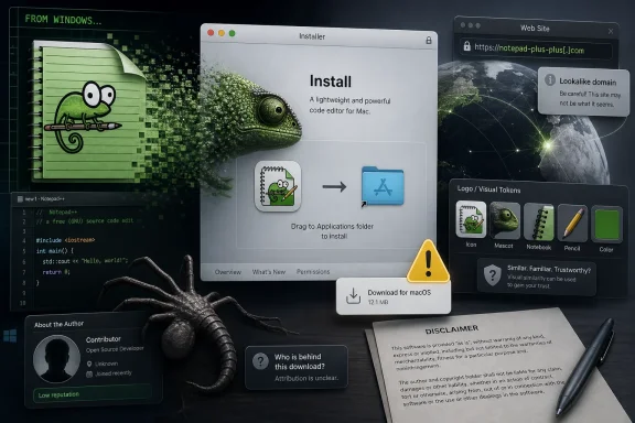 Tech-themed desktop shows a macOS Notepad++ installer with warning, download button, and spoof web domain.