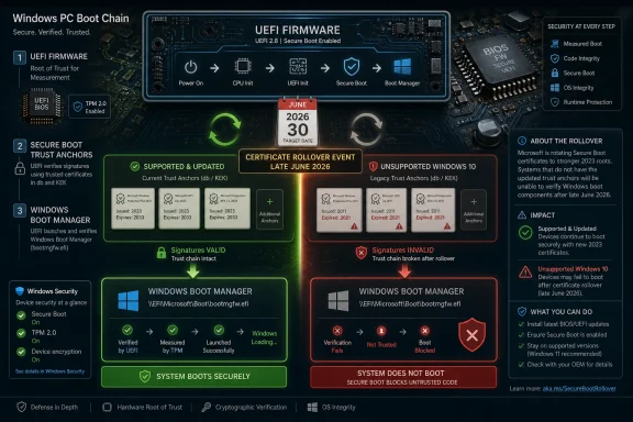 Secure Windows PC boot chain diagram showing UEFI secure boot and certificate rollover impacts in 2026.