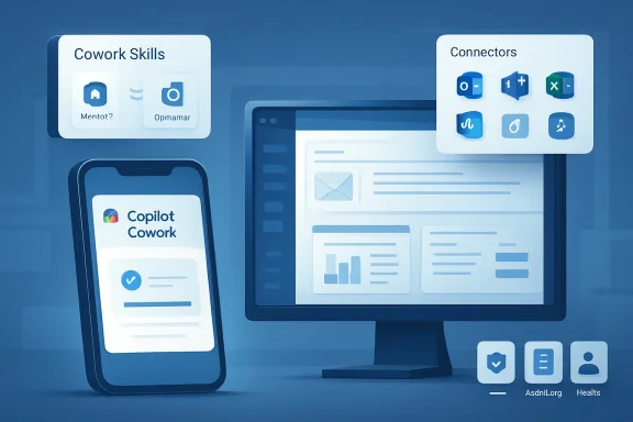 Blue tech illustration showing Copilot Cowork on a phone, a computer dashboard, and teamwork connectors icons.