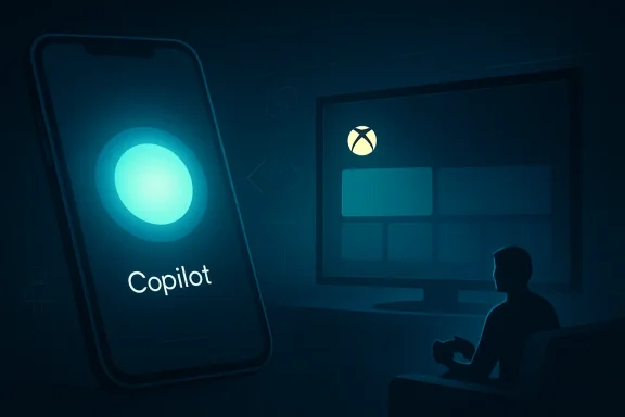 Copilot branding shows on a glowing phone and desktop screen in a dark tech workspace.