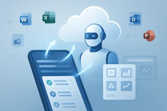 Cloud-based assistant with headphones managing files and app icons like Word, Excel, and Outlook.
