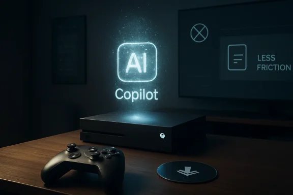 A game controller and charging dock sit on a desk with holographic “AI Copilot” and system icons in the background.