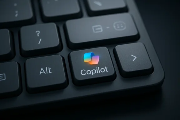 Close-up of a keyboard showing the highlighted “Copilot” key with a colorful icon.