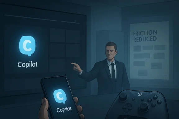 AI “Copilot” branding shows on a phone and office wall with a presenter in a boardroom scene.