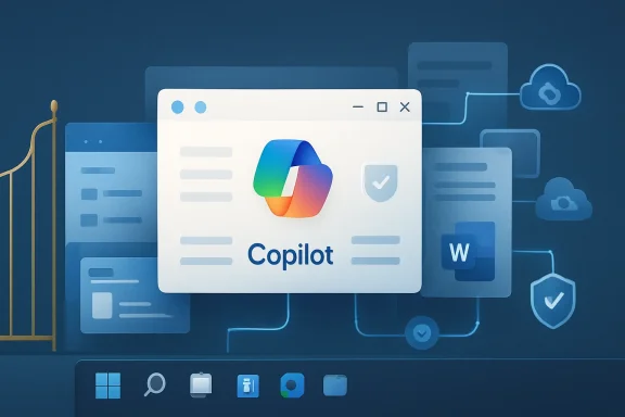 Microsoft Copilot logo displayed on a computer window over a cloud-and-apps themed desktop background.