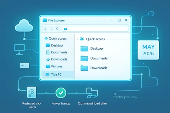 Blue tech-themed graphic showing Windows File Explorer with quick access and system optimization icons.