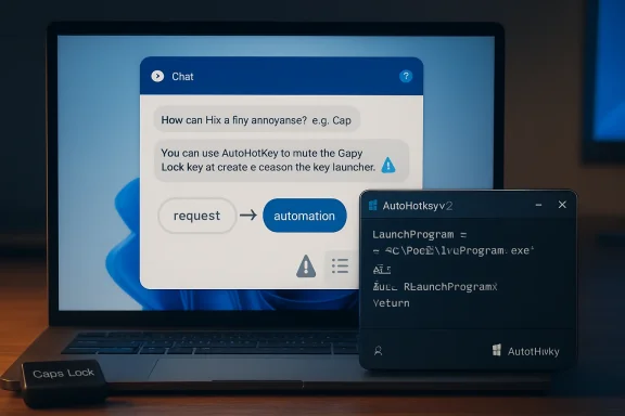 Laptop screen shows a chat about using AutoHotKey, with an AutoHotKey v2 window in front.