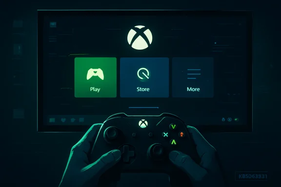Hands hold a game controller in front of a TV showing a gaming menu with Play, Store, and More.