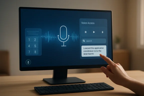 Hand taps a “Voice Access” screen on a desktop monitor with waveform and search interface.