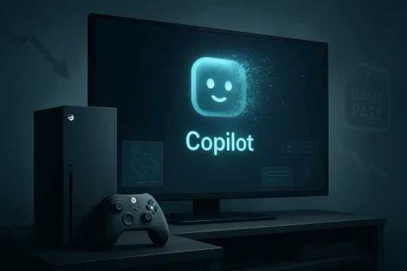 A monitor displays the “Copilot” logo while a gaming controller rests beside a console in a dark room.