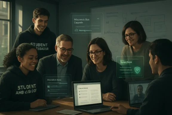 Group of coworkers smiling in a meeting around laptops and holographic UI displays on the wall.
