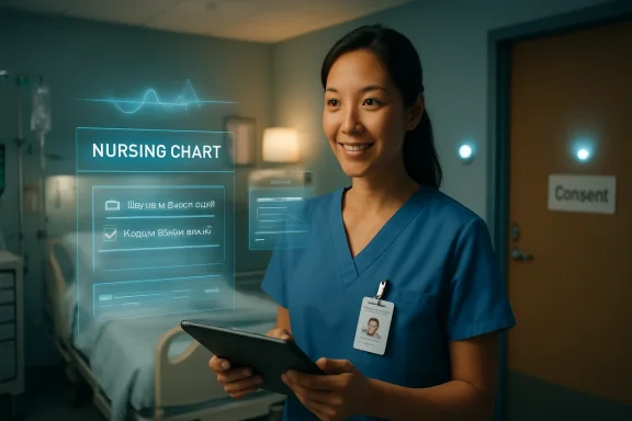 Smiling nurse in scrubs holds a tablet in a hospital corridor with a glowing “NURSING CHART” UI overlay.