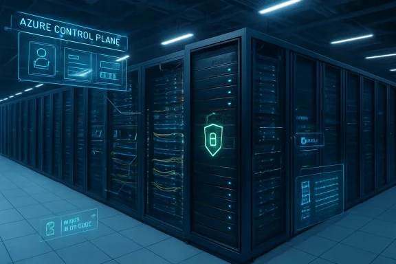 Neon-lit server room with “Azure Control Plane” holographic UI over large network racks.