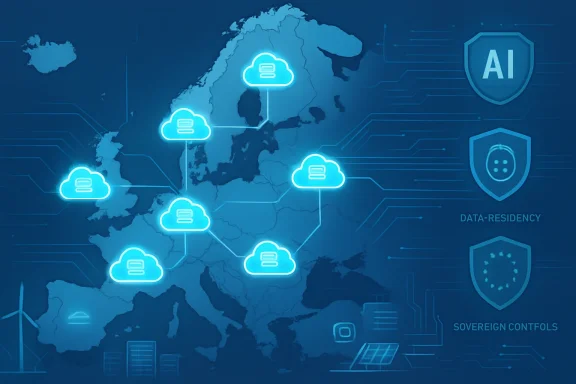 Blue world map with glowing cloud icons and AI/data-security symbols, suggesting global cloud connectivity.