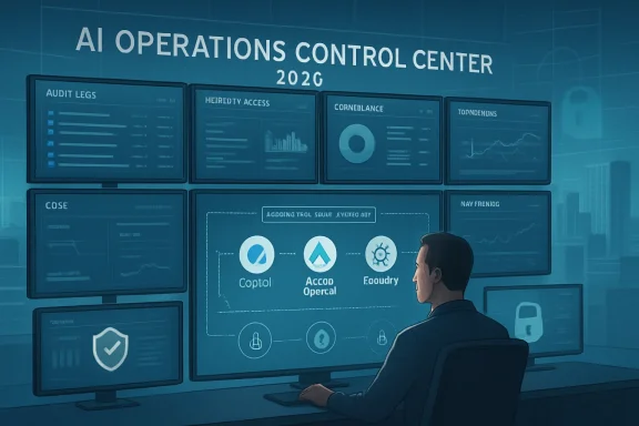 Illustrated AI operations control center with a person monitoring multiple data dashboards and security icons.