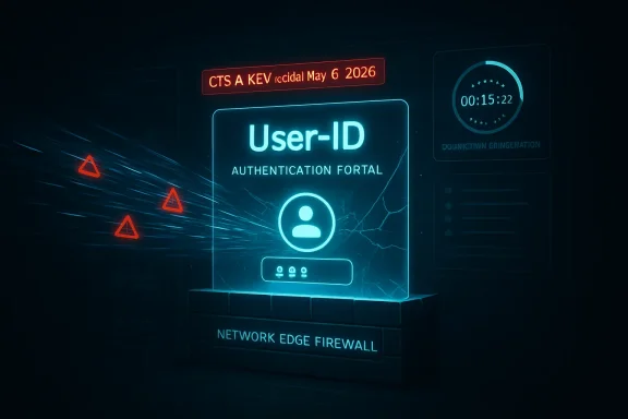 Neon “User-ID” authentication portal on a network edge firewall display with warning alerts and timer.