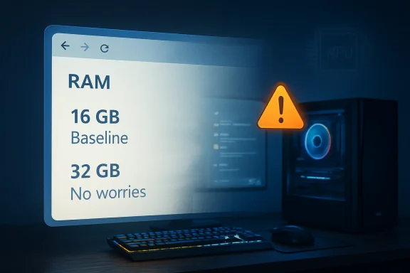 Computer screen shows RAM specs (16GB baseline, 32GB) with a warning sign.