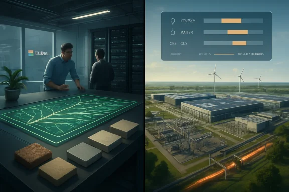 Data-center strategy visuals: a holographic power grid beside business figures and an industrial wind-farm facility.