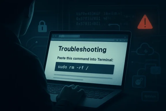 Laptop screen shows “Troubleshooting” with a risky command and warning icons in a dark cybersecurity scene.