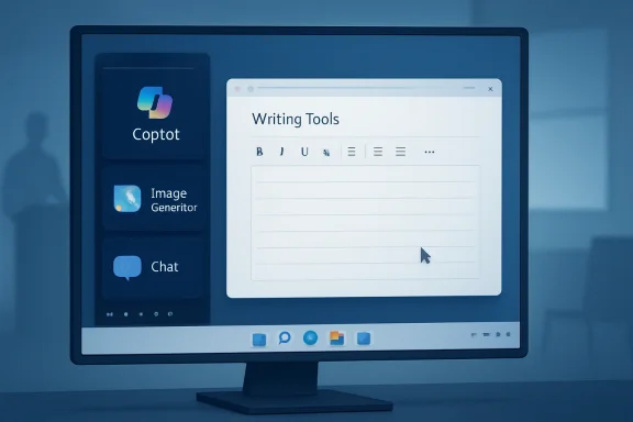Close-up of a monitor showing Coptot writing tools and an “Image Generator” interface.