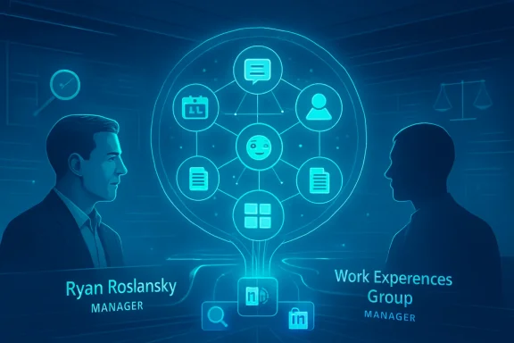 Futuristic teamwork scene with two managers flanking a glowing AI network icon and profile nodes.