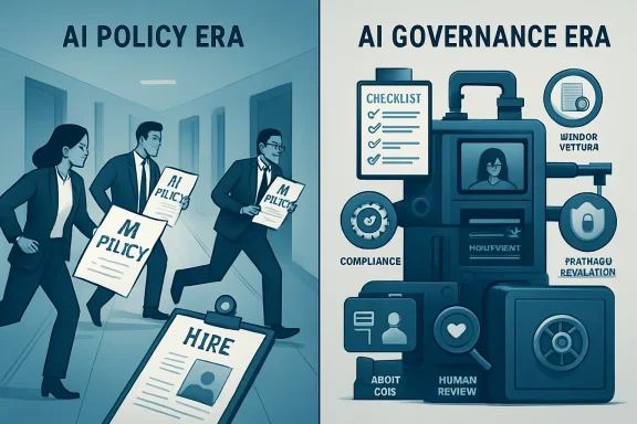 Split image contrasts an “AI Policy Era” with “AI Governance Era” using business figures and compliance icons.