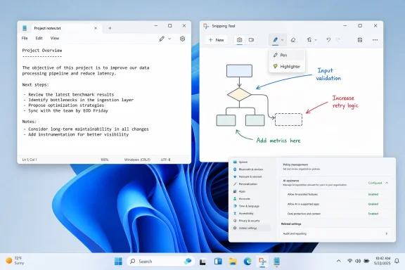 Desktop screenshot showing two document windows and a diagram with “Input validation” and “Increase retry logic.”