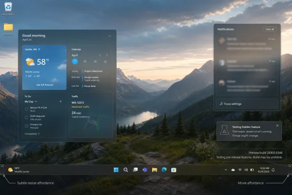 Futuristic Windows desktop dashboard over a mountain sunrise landscape with weather, calendar, and notifications.