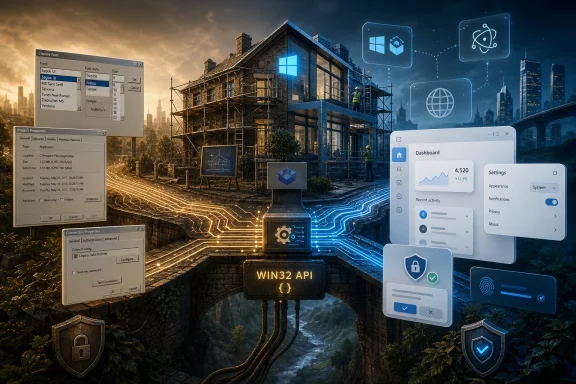Futuristic city under construction with glowing code, UI windows, icons, and “WIN32 API” text.