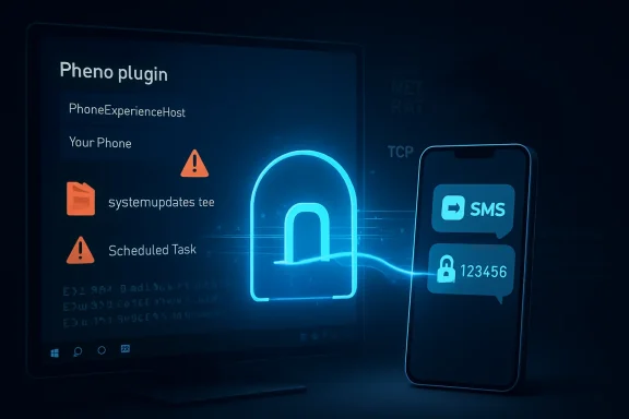 Cyber security screen shows a “Pheno plugin” alert with a lock protecting SMS between phone and system.