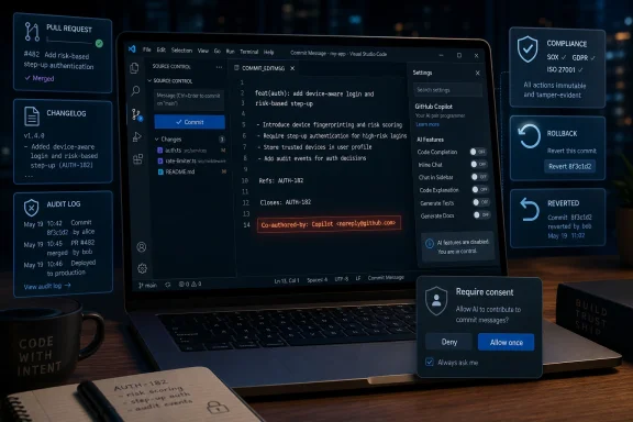Developer reviews a GitHub commit in VS Code with compliance panels and an AI permission prompt on a laptop.
