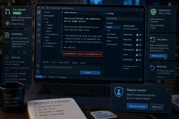 Developer reviews a GitHub pull request in VS Code with AI attribution consent pop-up on screen.