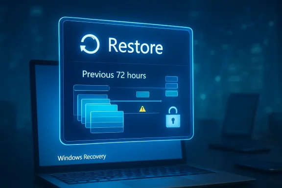 Laptop screen shows Windows Recovery with a “Restore” prompt and “Previous 72 hours” message.