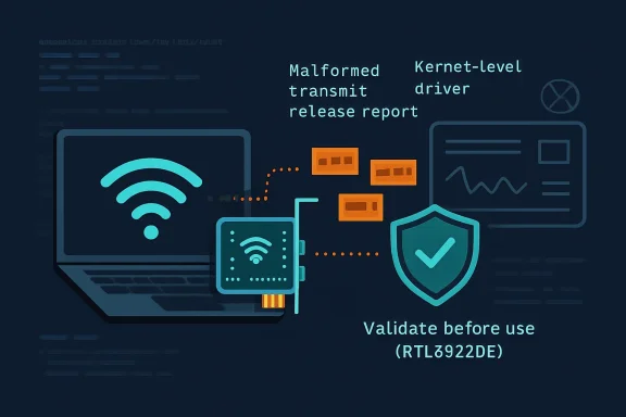 Illustration showing Wi‑Fi, kernel-level driver release, malformed transmit report, and a validation shield.