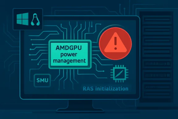 Digital server illustration highlighting “AMDGPU power management” with a warning icon for RAS initialization.