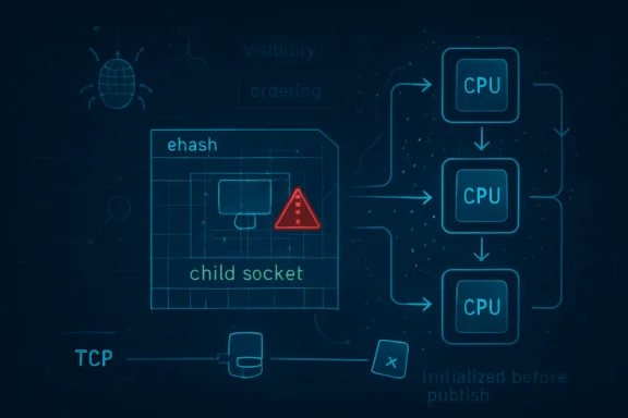 Diagram of network TCP data flow from “ehash/child socket” to multiple CPU units, with a warning triangle.