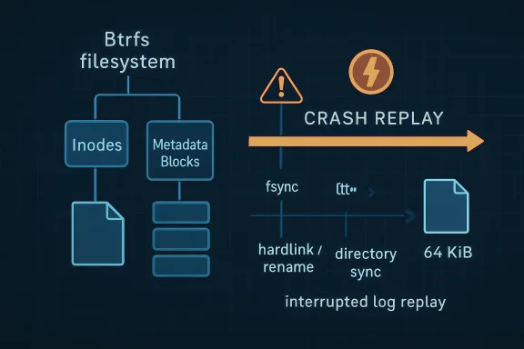 Diagram of Btrfs filesystem crash replay and sync with inodes, metadata blocks, and hard link handling.