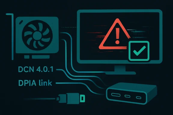 Futuristic network dashboard graphic showing DCN 4.0.1 and DP/IA link with warning and status icons.