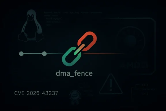 Cybersecurity themed graphic showing the “dma_fence” symbol and a “CVE-2026-43237” label.