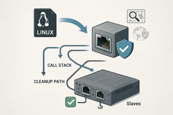 Diagram showing Linux server with call stack and cleanup path routing through a protected master-slave setup.