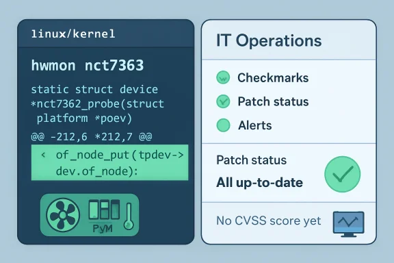 Dashboard mockup showing Linux/kernel code on the left and IT Operations patch status checkmarks on the right.
