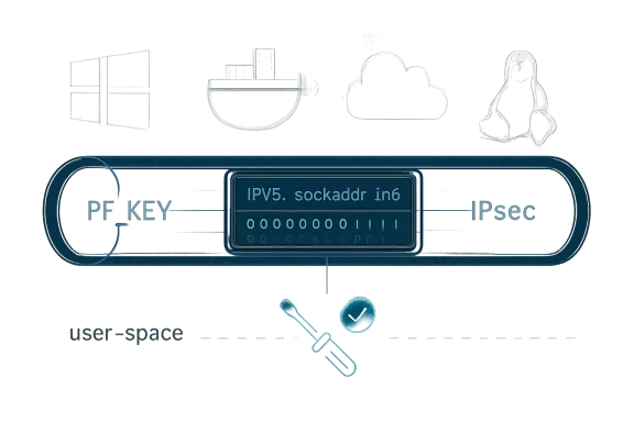 Diagram showing IPv5 socket interface 6 with PF key and IPsec icons on a technical network background.