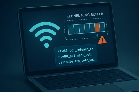 Laptop screen showing Wi‑Fi and “Kernel Ring Buffer” with code lines and a warning icon.