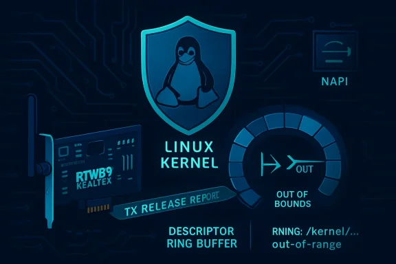Tech-themed graphic showing Linux kernel security concepts: shield, NAPI, ring buffer, and out-of-bounds.