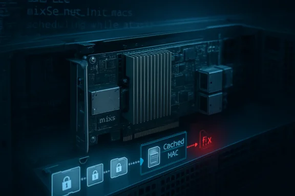 Close-up of a server’s circuit board with glowing cache and fix indicators in a dark blue tech interface.