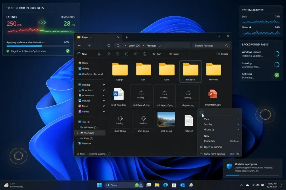 Windows File Explorer shows project folders and documents over a blue system-optimization dashboard with activity stats.